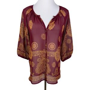 Pronto USA Women's Large Sheer Burgundy‎ Gold Paisley Medallion Blouse